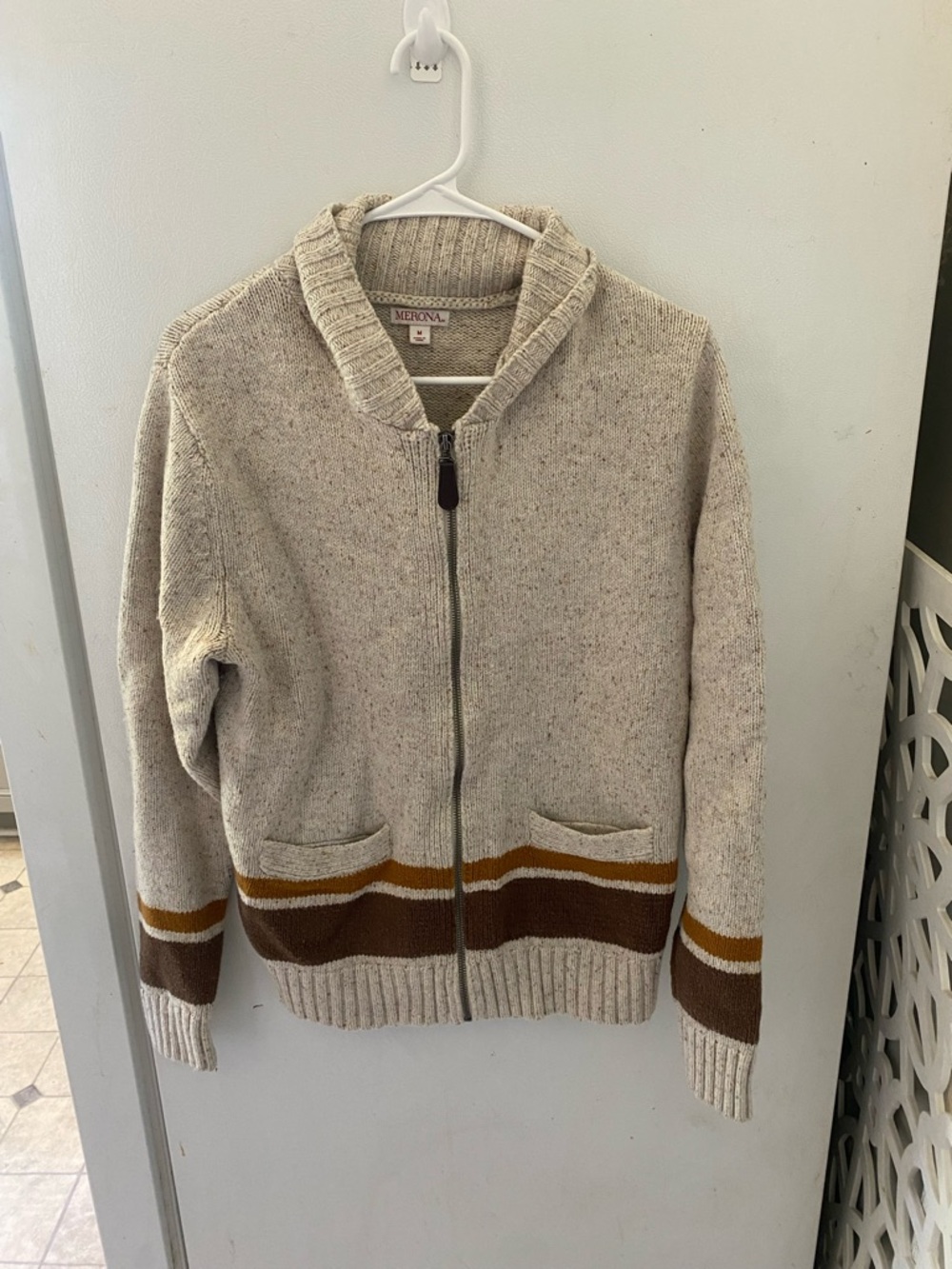 Merona Cream Zip-Front Men's Sweater with Brown & Mustard Stripes